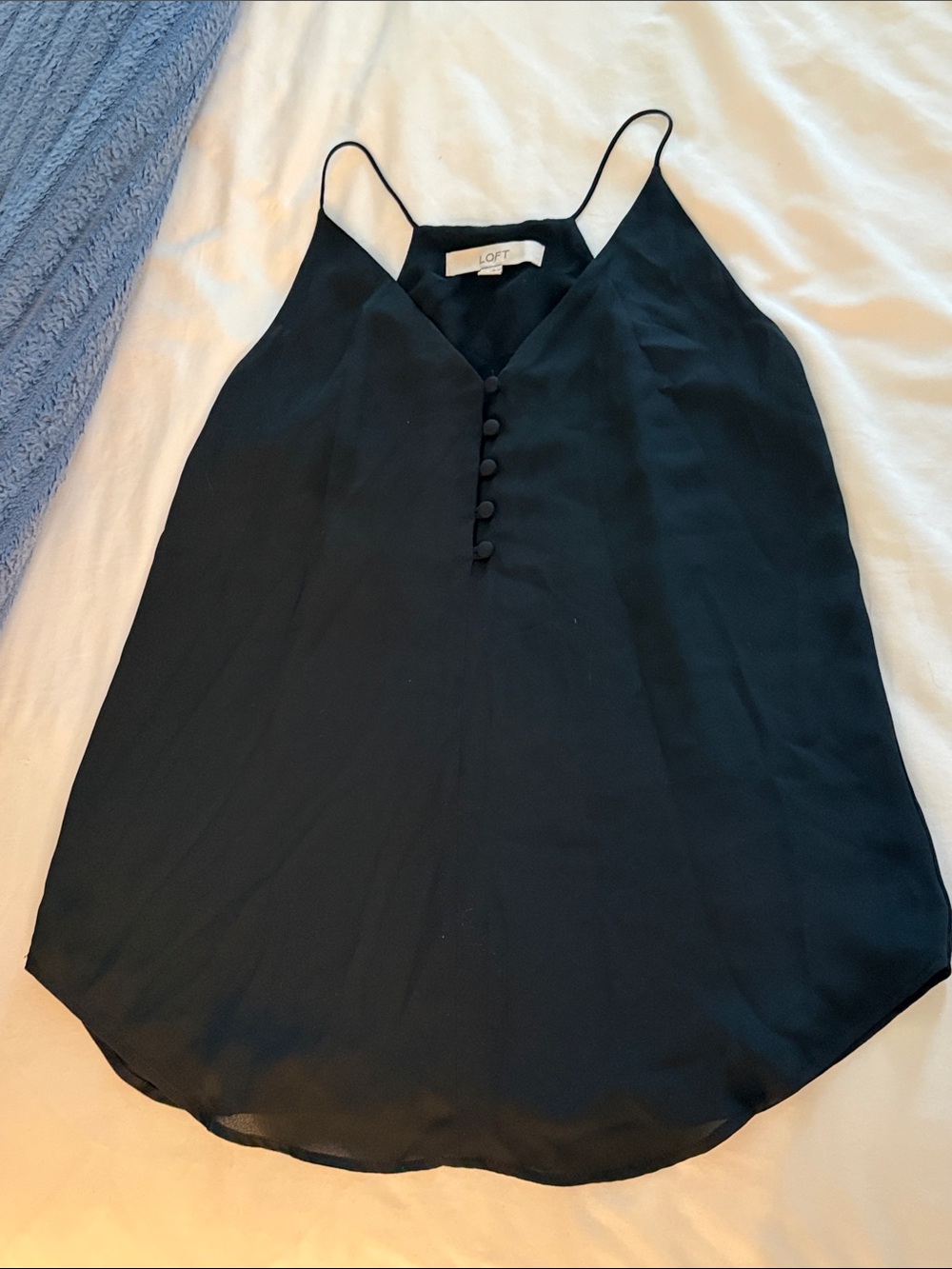 LOFT Black Spaghetti Strap V-Neck blouse with Covered Buttons